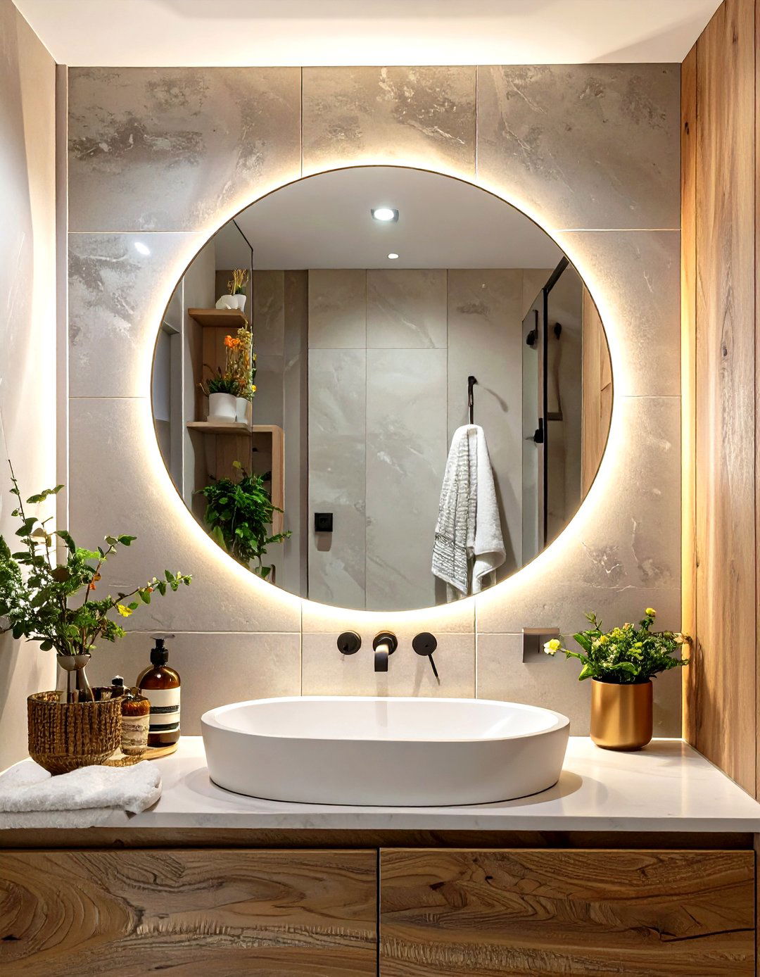 Firefly Create a high quality image with extra brightness of a large round mirror with in - 30 small master bathroom ideas