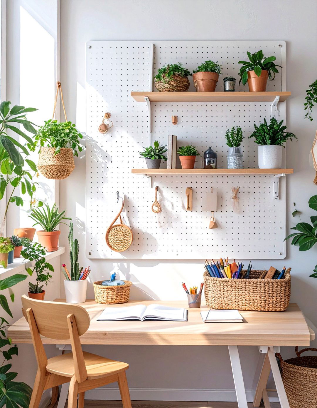Firefly Create a high quality image with extra brightness of a large white pegboard wall - 30 small bedroom storage ideas