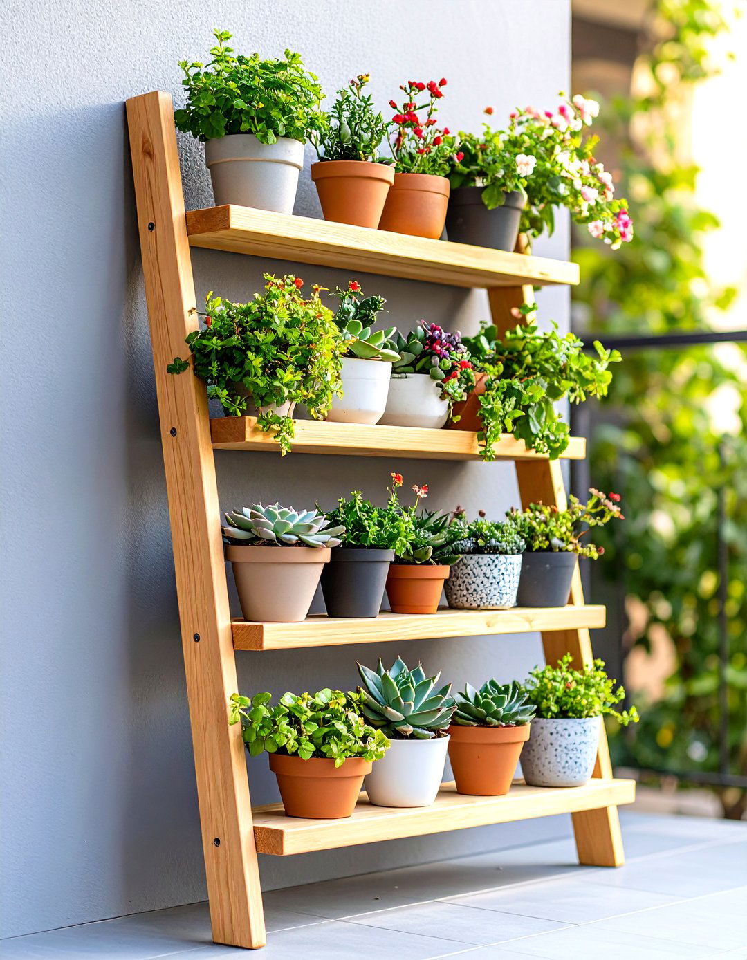 Firefly Create a high quality image with extra brightness of a leaning wall ladder outdoo - 30 outdoor plant stand ideas