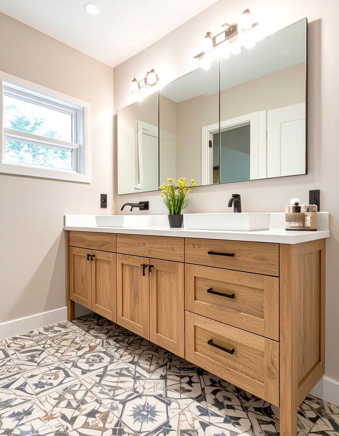 Firefly Create a high quality image with extra brightness of a light oak vanity with mirr - 30 small master bathroom ideas