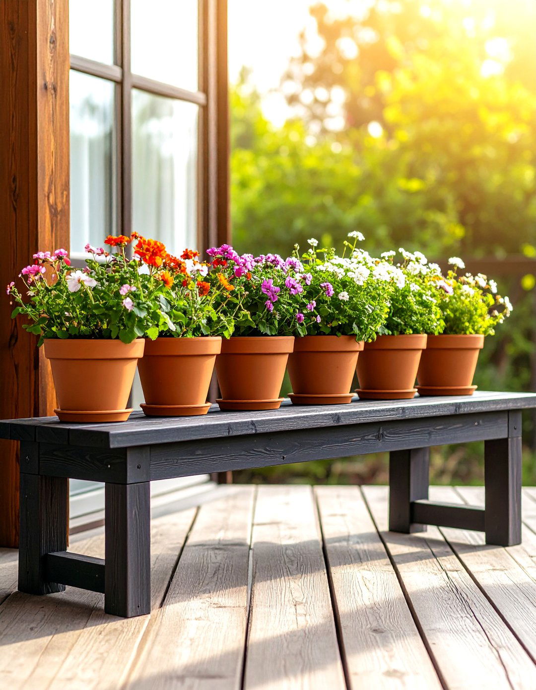 Firefly Create a high quality image with extra brightness of a low bench style outdoor pl - 30 outdoor plant stand ideas