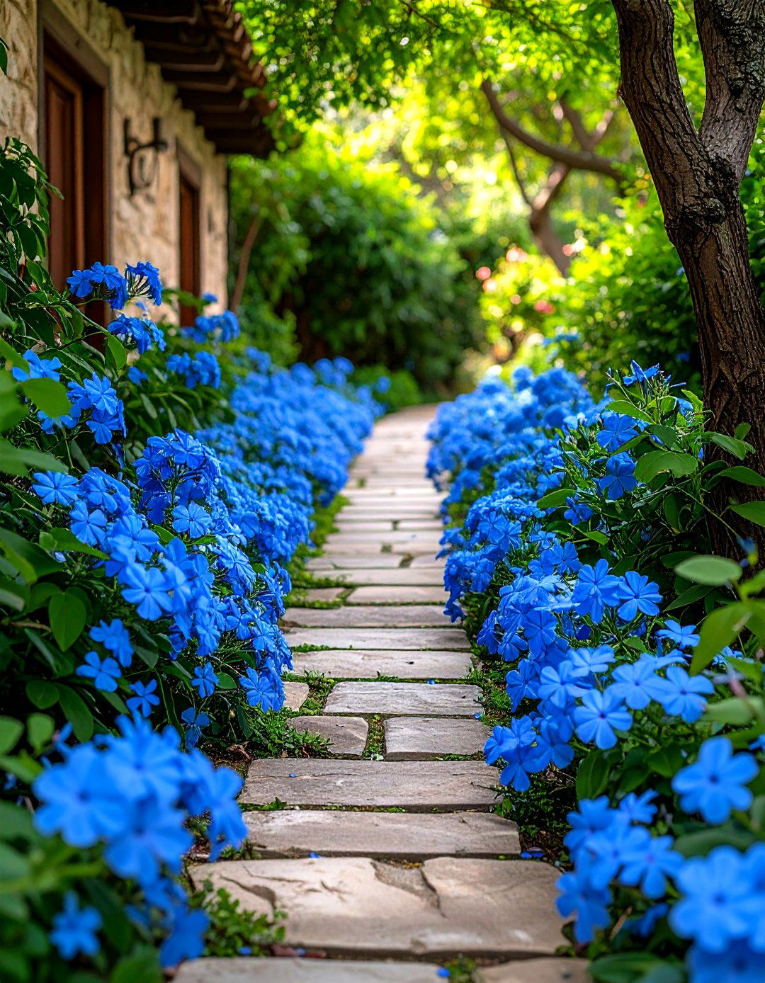 Firefly Create a high quality image with extra brightness of a low border of blue plumbag - 30 plumbago landscaping ideas