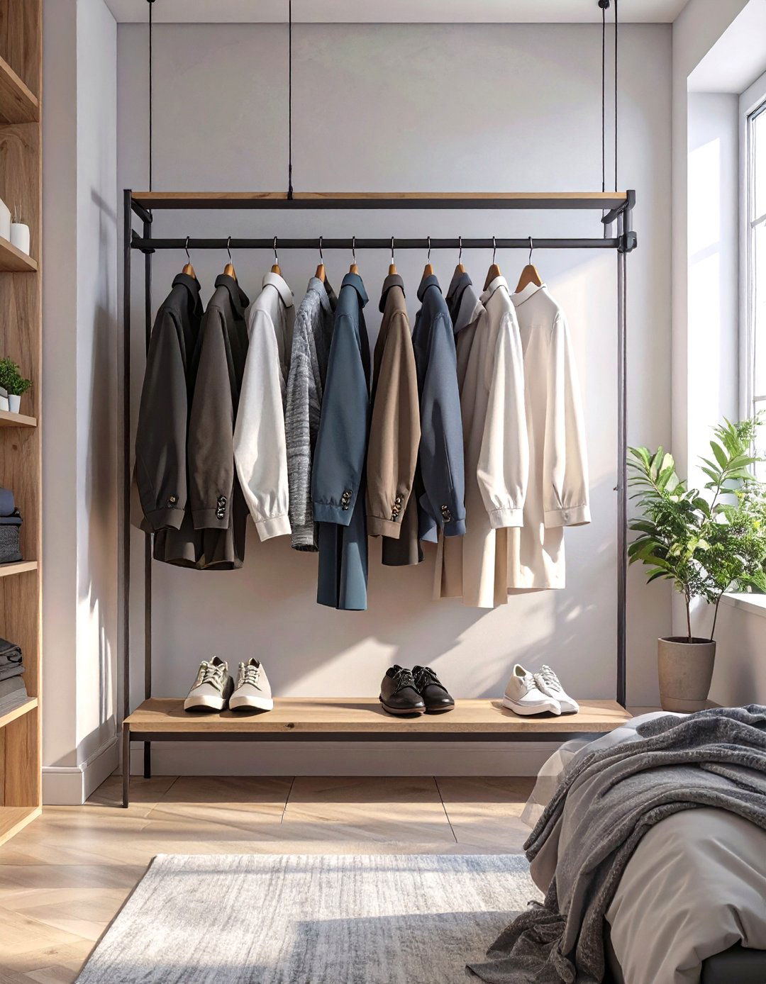Firefly Create a high quality image with extra brightness of a minimalist black metal han - 30 small bedroom storage ideas