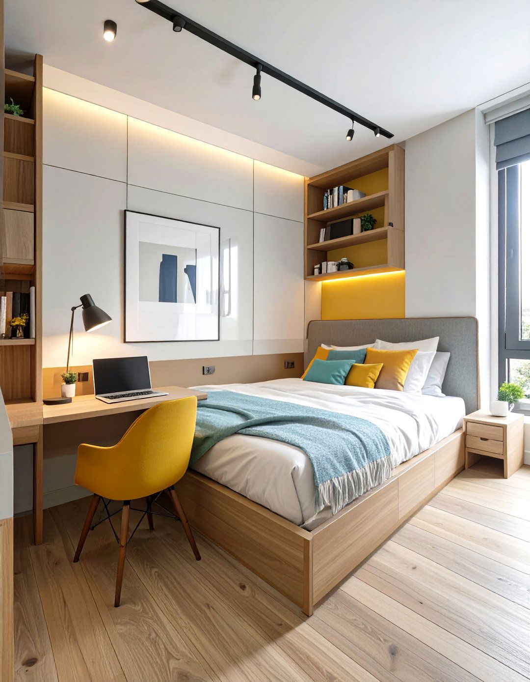 Firefly Create a high quality image with extra brightness of a modern bed frame featuring - 30 small bedroom bedroom office ideas