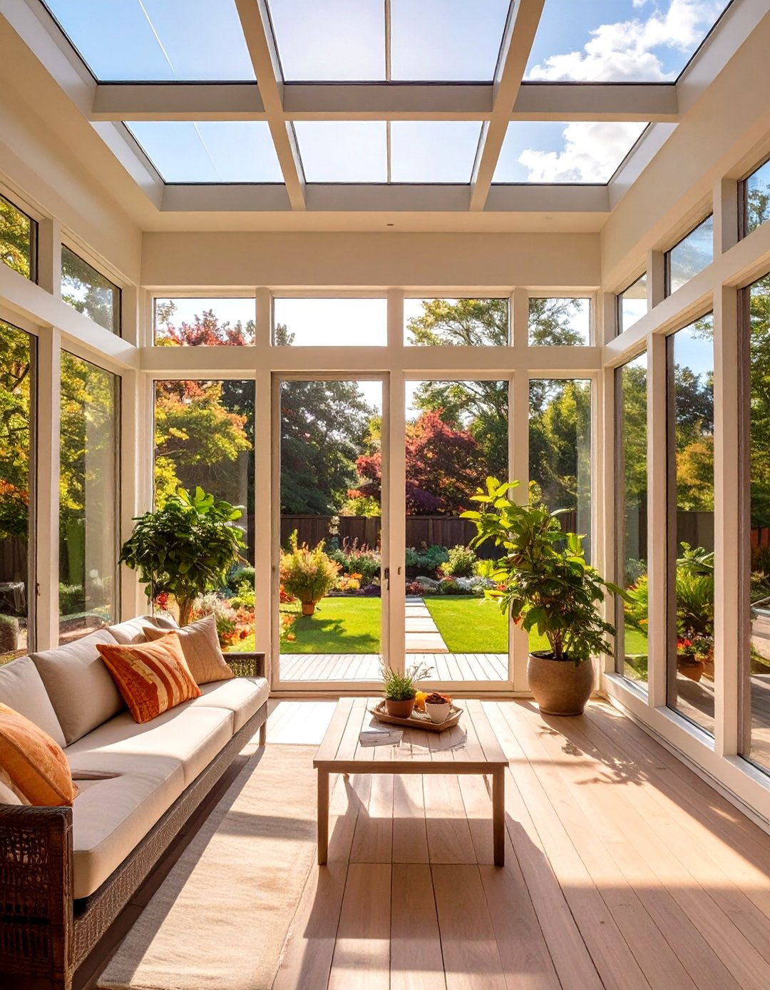 Firefly Create a high quality image with extra brightness of a modern sun porch with dram - 30 sun porch ideas