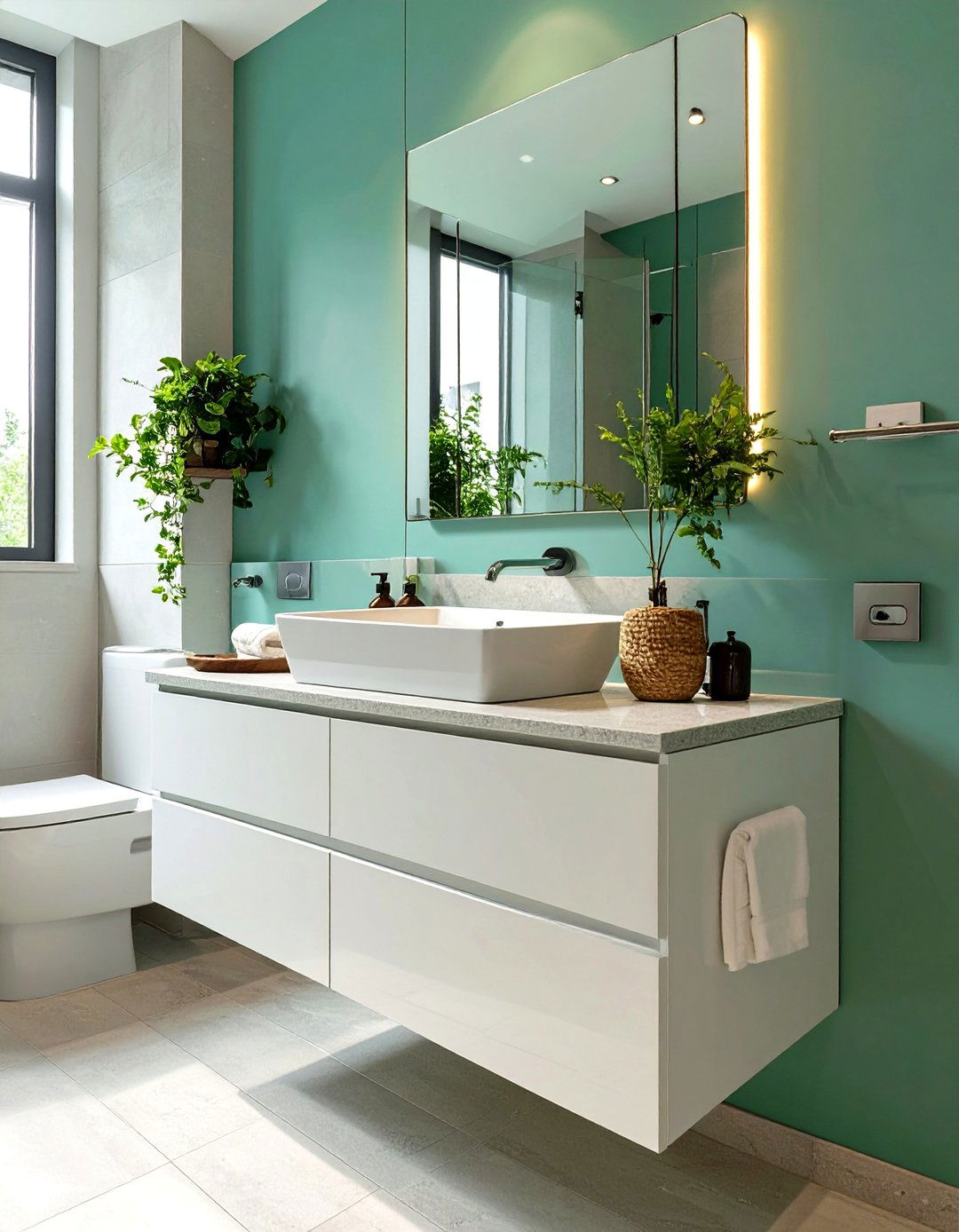 Firefly Create a high quality image with extra brightness of a modern white vanity with a - 30 small master bathroom ideas