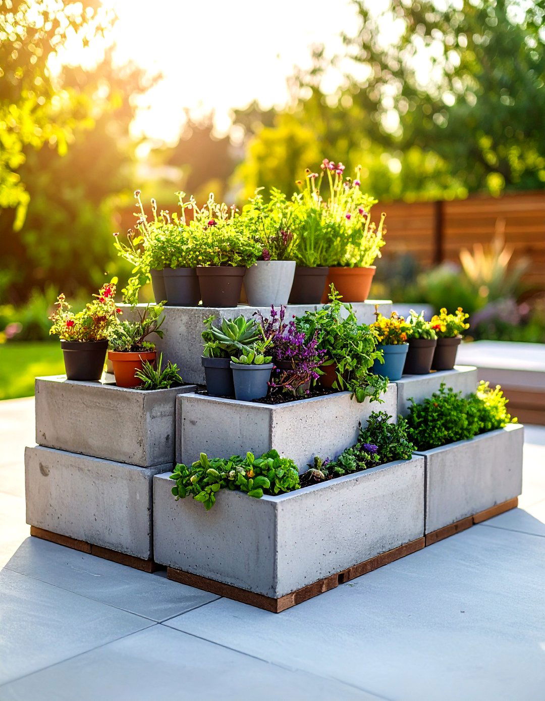 Firefly Create a high quality image with extra brightness of a modular cinder block outdo - 30 outdoor plant stand ideas