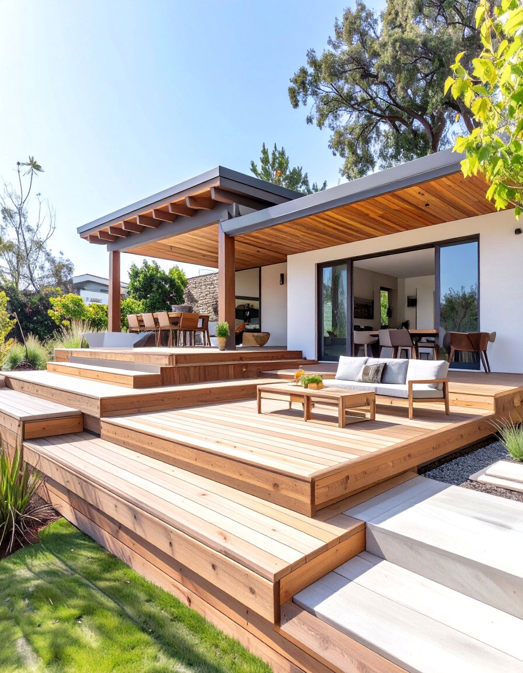 Firefly Create a high quality image with extra brightness of a multi level deck for a slo - 30 modern landscape design ideas