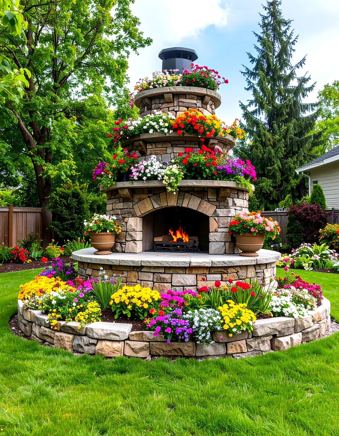 Firefly Create a high quality image with extra brightness of a multi level stone patio fi - 30 patio fireplace ideas