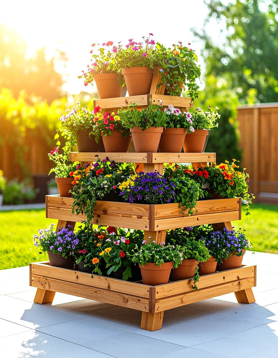 Firefly Create a high quality image with extra brightness of a multi tiered cedar wood pl - 30 outdoor plant stand ideas