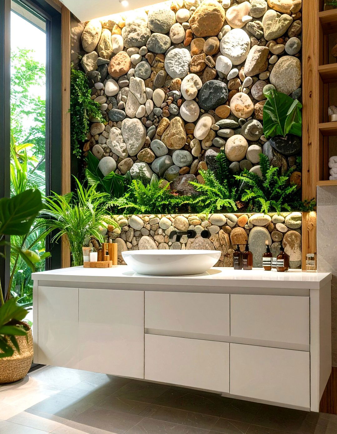 Firefly Create a high quality image with extra brightness of a pebble tile accent wall c - 30 spa bathroom ideas