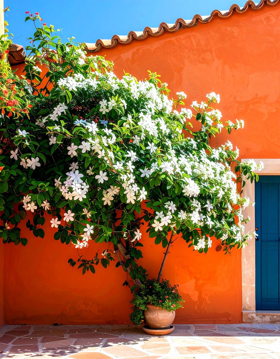 Firefly Create a high quality image with extra brightness of a plumbago espaliered in a f - 30 plumbago landscaping ideas