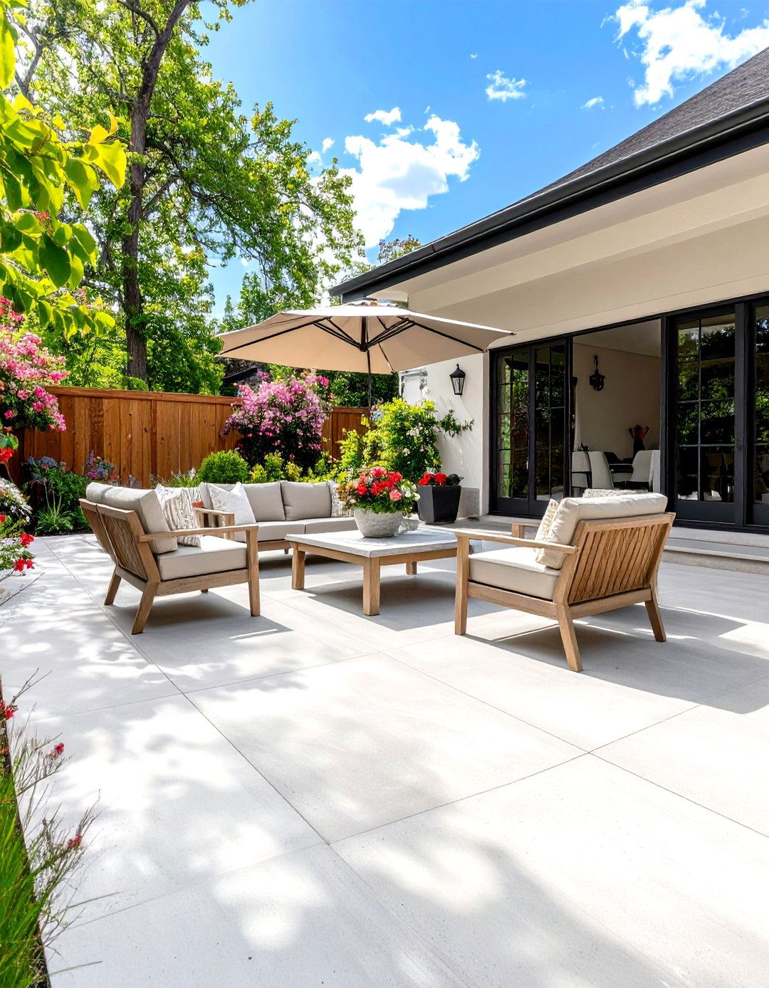 Firefly Create a high quality image with extra brightness of a poured concrete patio with - 30 poured concrete patio ideas