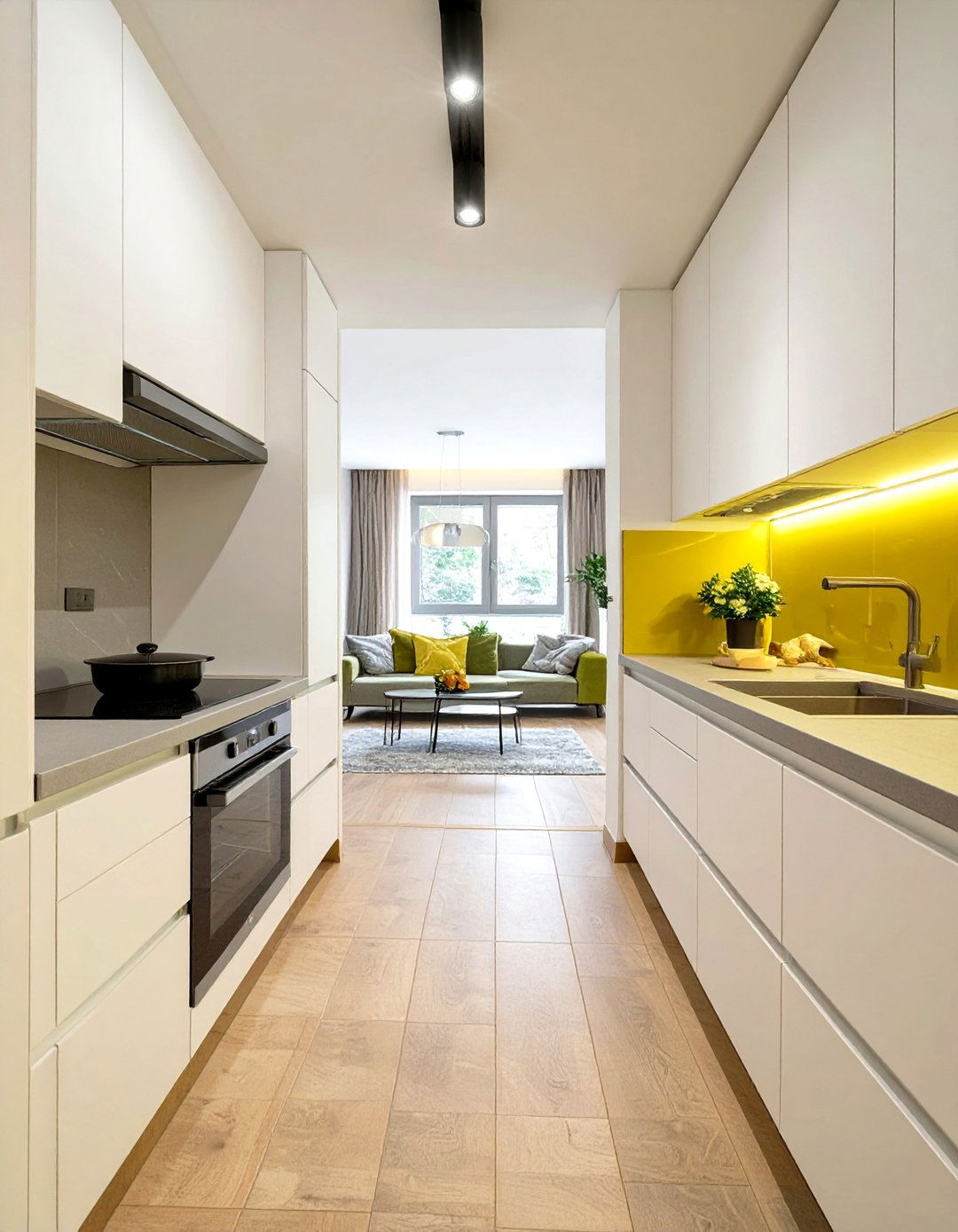 Firefly Create a high quality image with extra brightness of a single wall kitchen layout - 30 very small open plan kitchen living room ideas