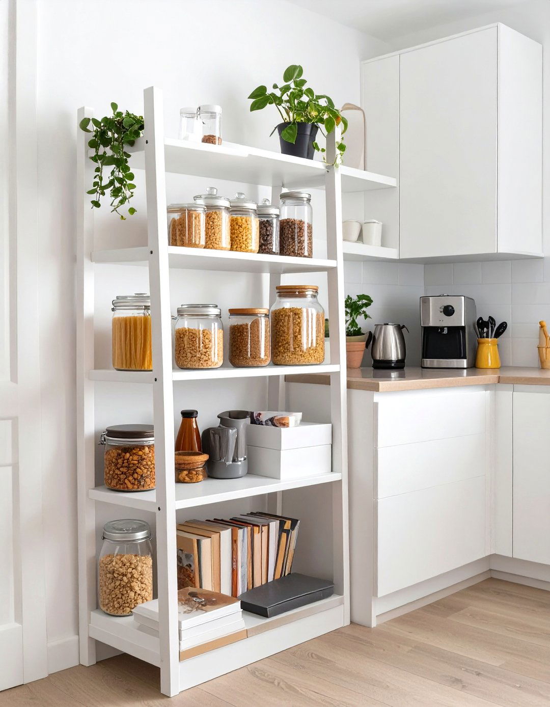 Firefly Create a high quality image with extra brightness of a skinny white ladder style - 30 small kitchen decor ideas