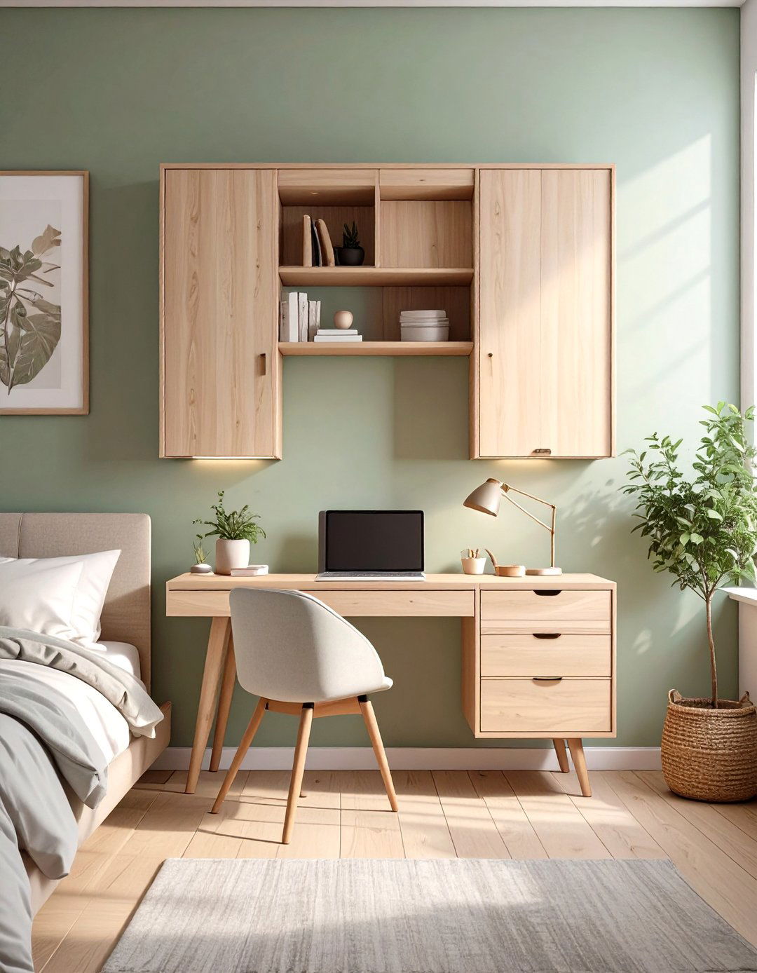 Firefly Create a high quality image with extra brightness of a sleek light wood wall mou - 30 small bedroom storage ideas