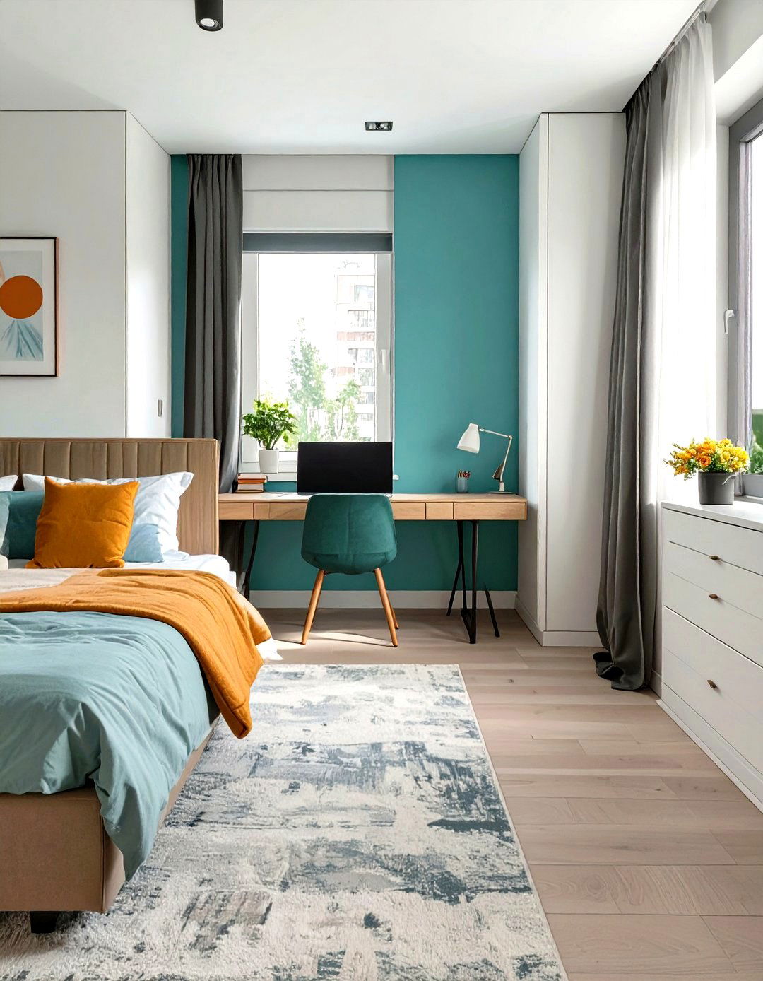 Firefly Create a high quality image with extra brightness of a slim minimalist desk plac - 30 small bedroom bedroom office ideas