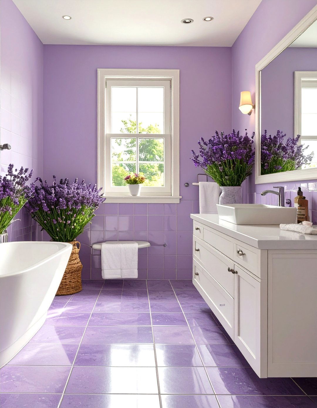 Firefly Create a high quality image with extra brightness of a soothing lavender bathroom - 30 monochromatic interior design ideas