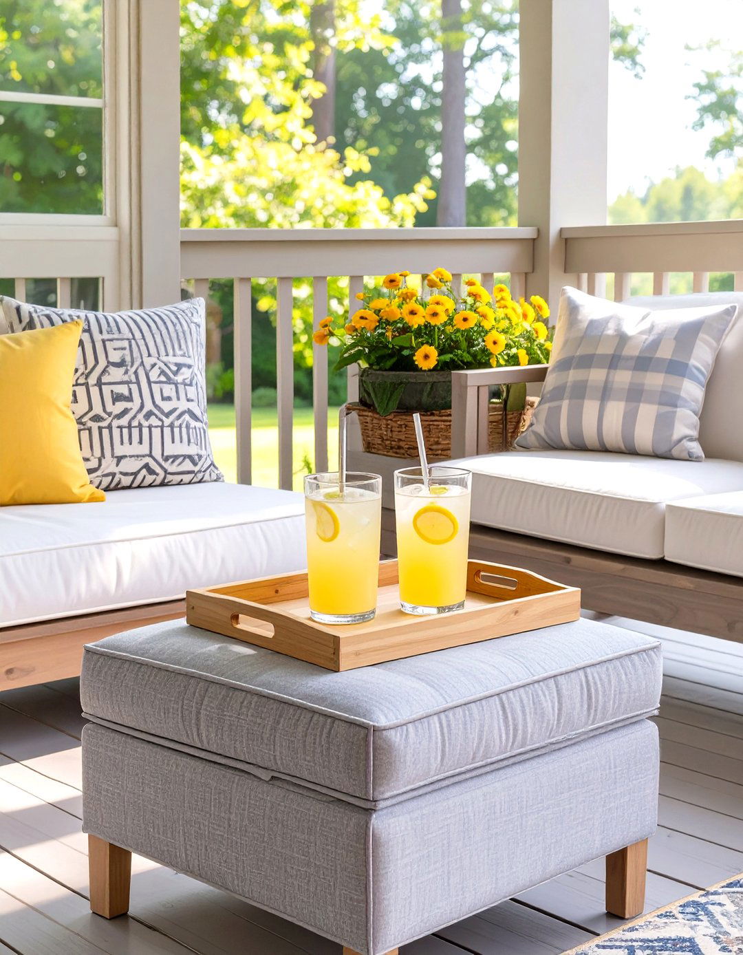 Firefly Create a high quality image with extra brightness of a square gray fabric ottoma - 30 small screened in porch ideas