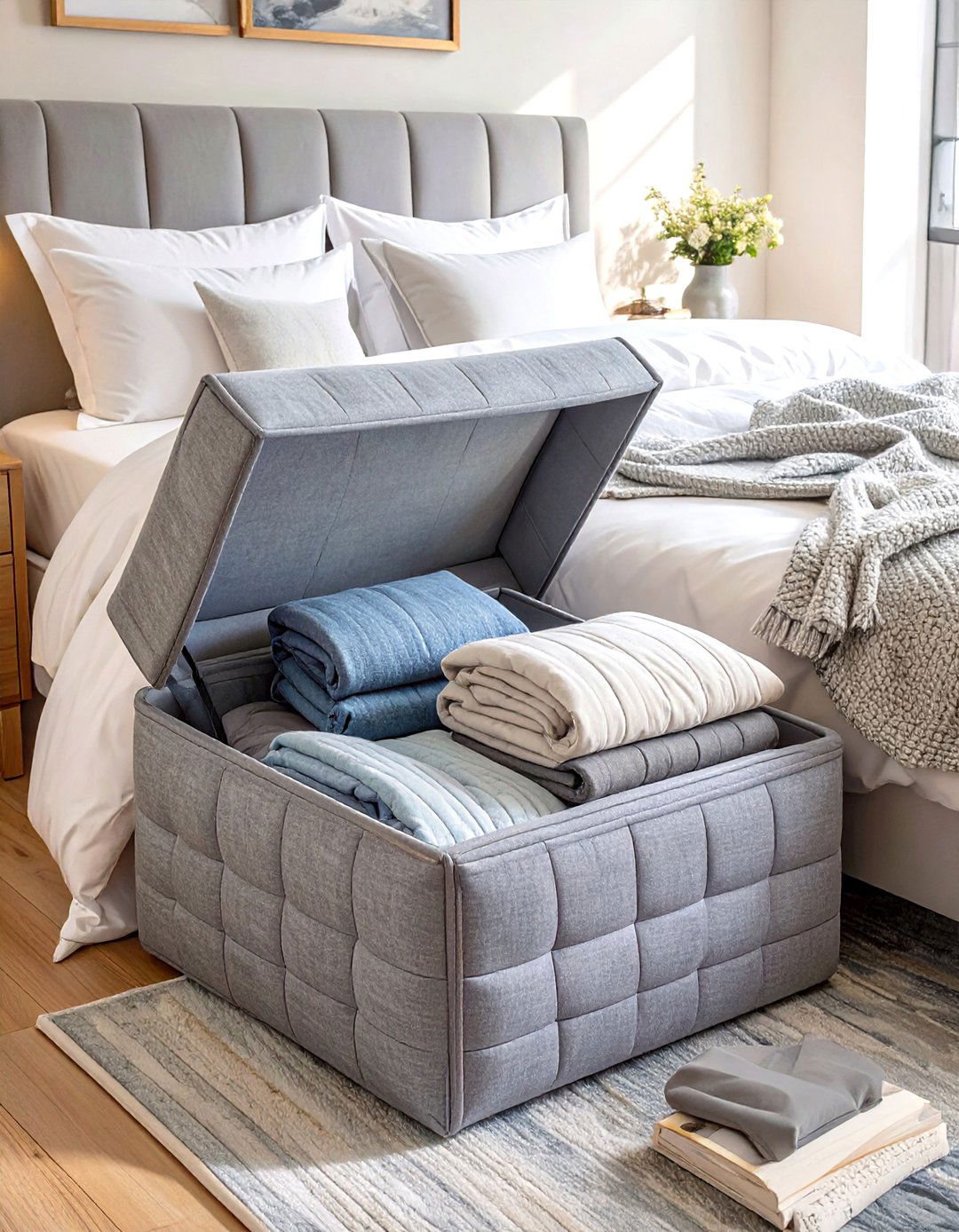 Firefly Create a high quality image with extra brightness of a square gray fabric storag - 30 small bedroom storage ideas
