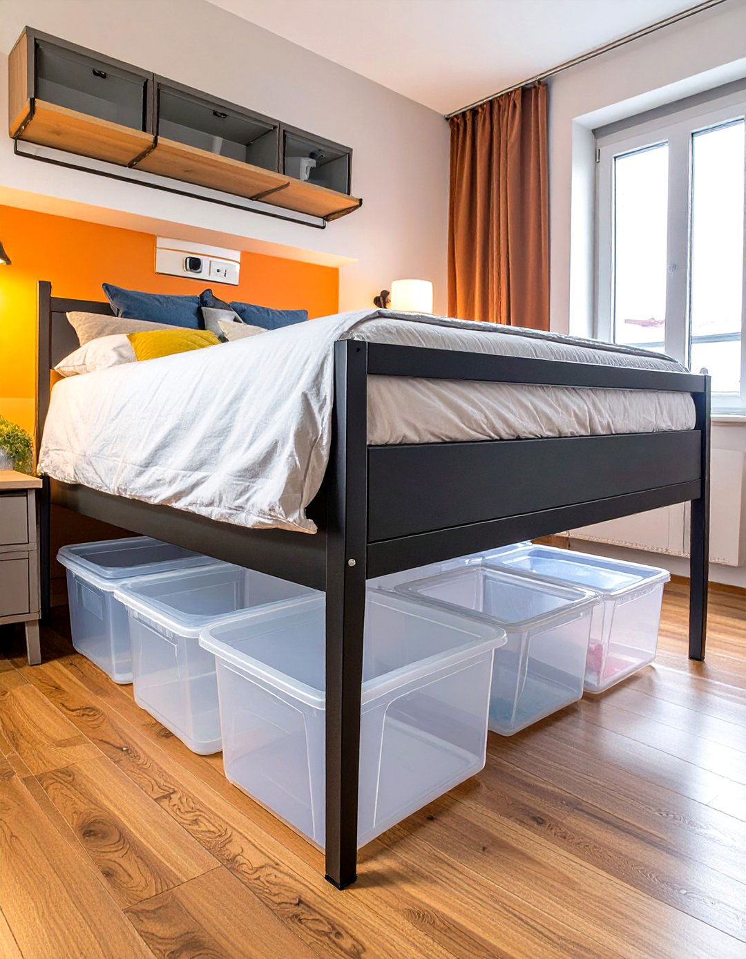 Firefly Create a high quality image with extra brightness of a standard bed frame lifted - 30 small bedroom storage ideas