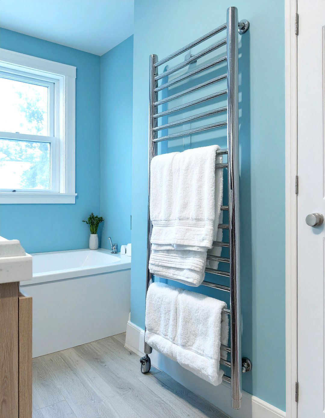 Firefly Create a high quality image with extra brightness of a tall chrome ladder style - 30 small master bathroom ideas