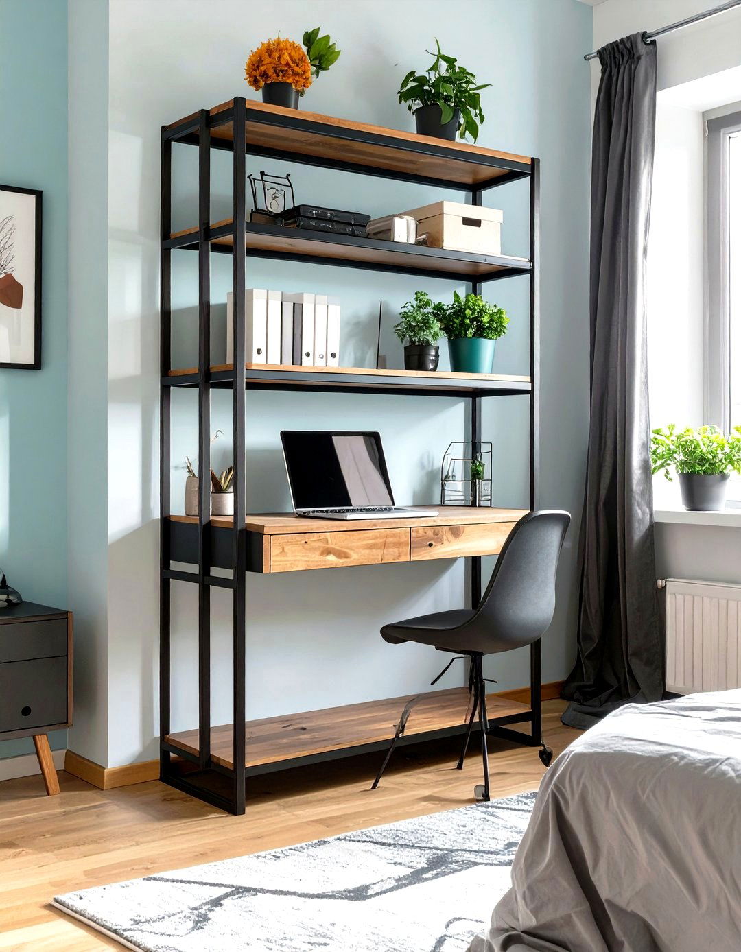 Firefly Create a high quality image with extra brightness of a tall modular shelving uni - 30 small bedroom bedroom office ideas