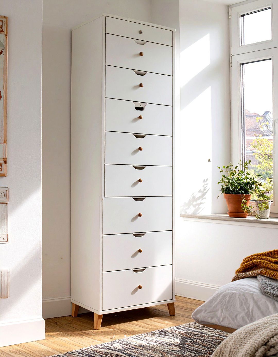Firefly Create a high quality image with extra brightness of a tall slim white dresser w - 30 small bedroom storage ideas