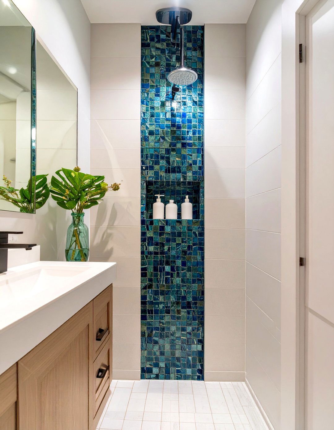 Firefly Create a high quality image with extra brightness of a tall vertical shower nich - 30 small master bathroom ideas