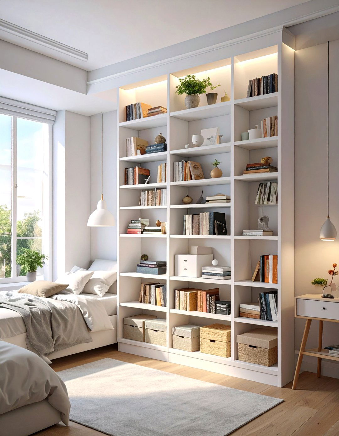 Firefly Create a high quality image with extra brightness of a tall white corner shelvin - 30 small bedroom storage ideas