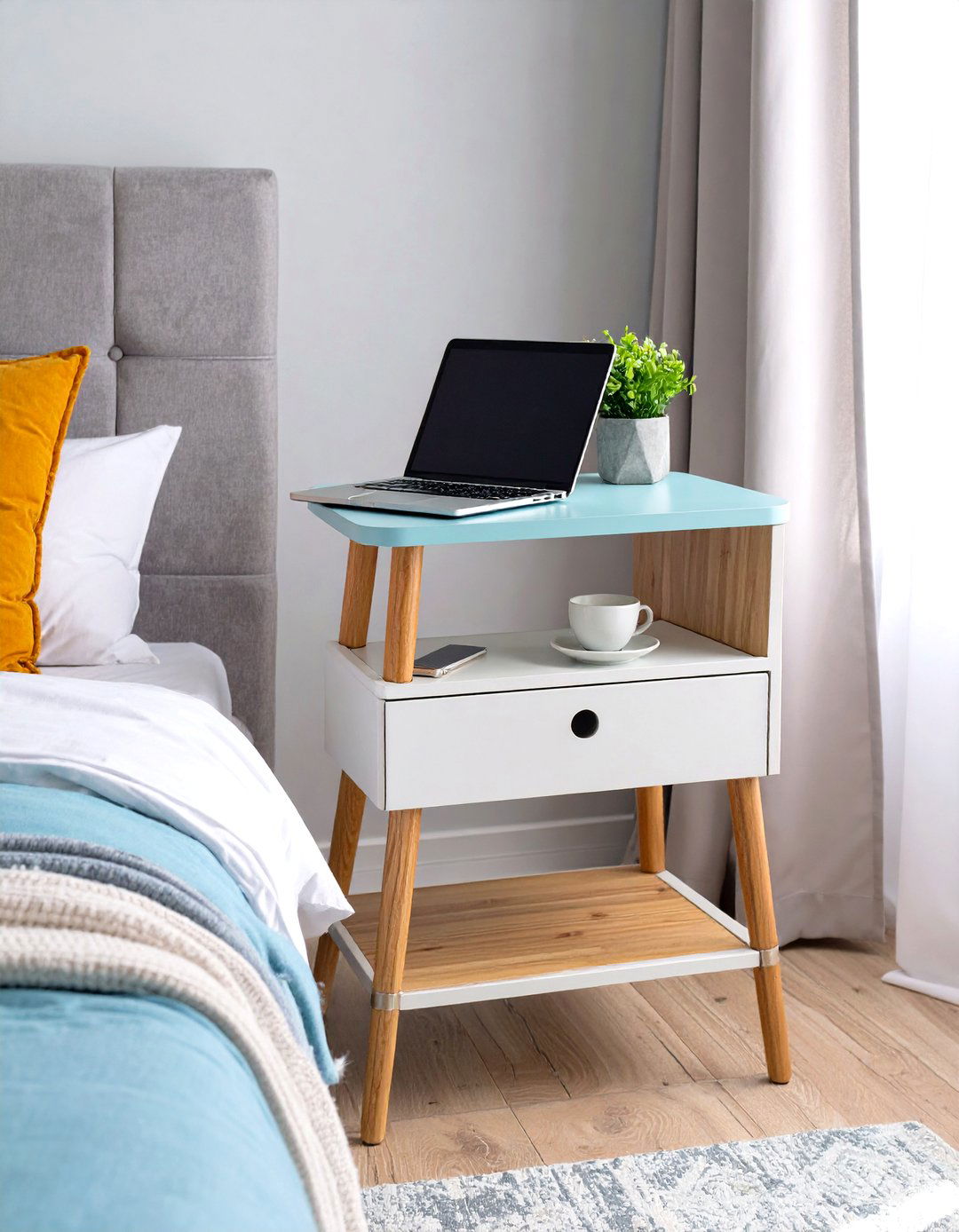 Firefly Create a high quality image with extra brightness of a two tiered modern nightsta - 30 small bedroom bedroom office ideas