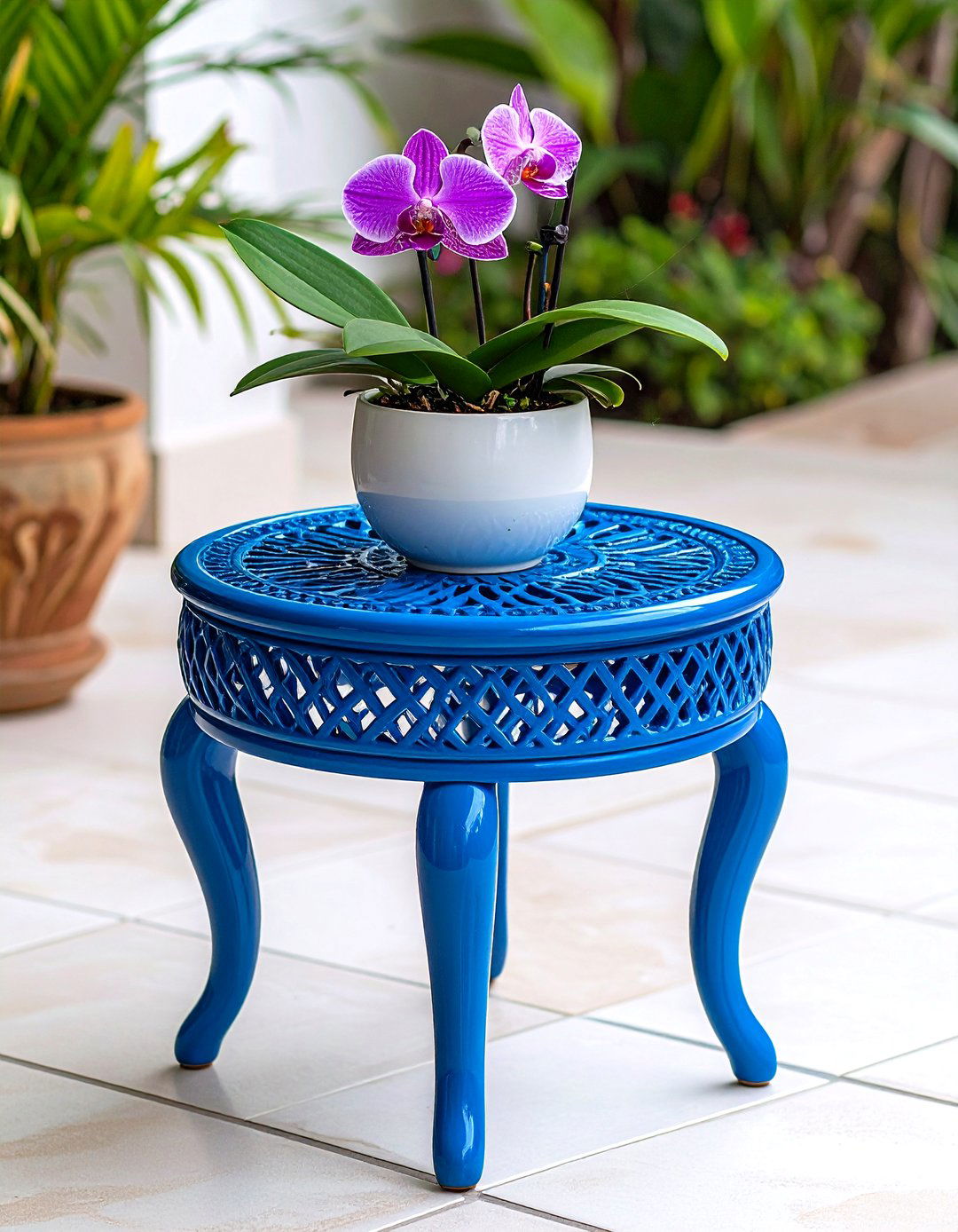 Firefly Create a high quality image with extra brightness of a vibrant blue ceramic stool - 30 outdoor plant stand ideas