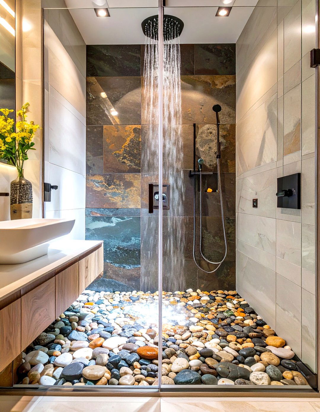 Firefly Create a high quality image with extra brightness of a walk in shower featuring - 30 spa bathroom ideas