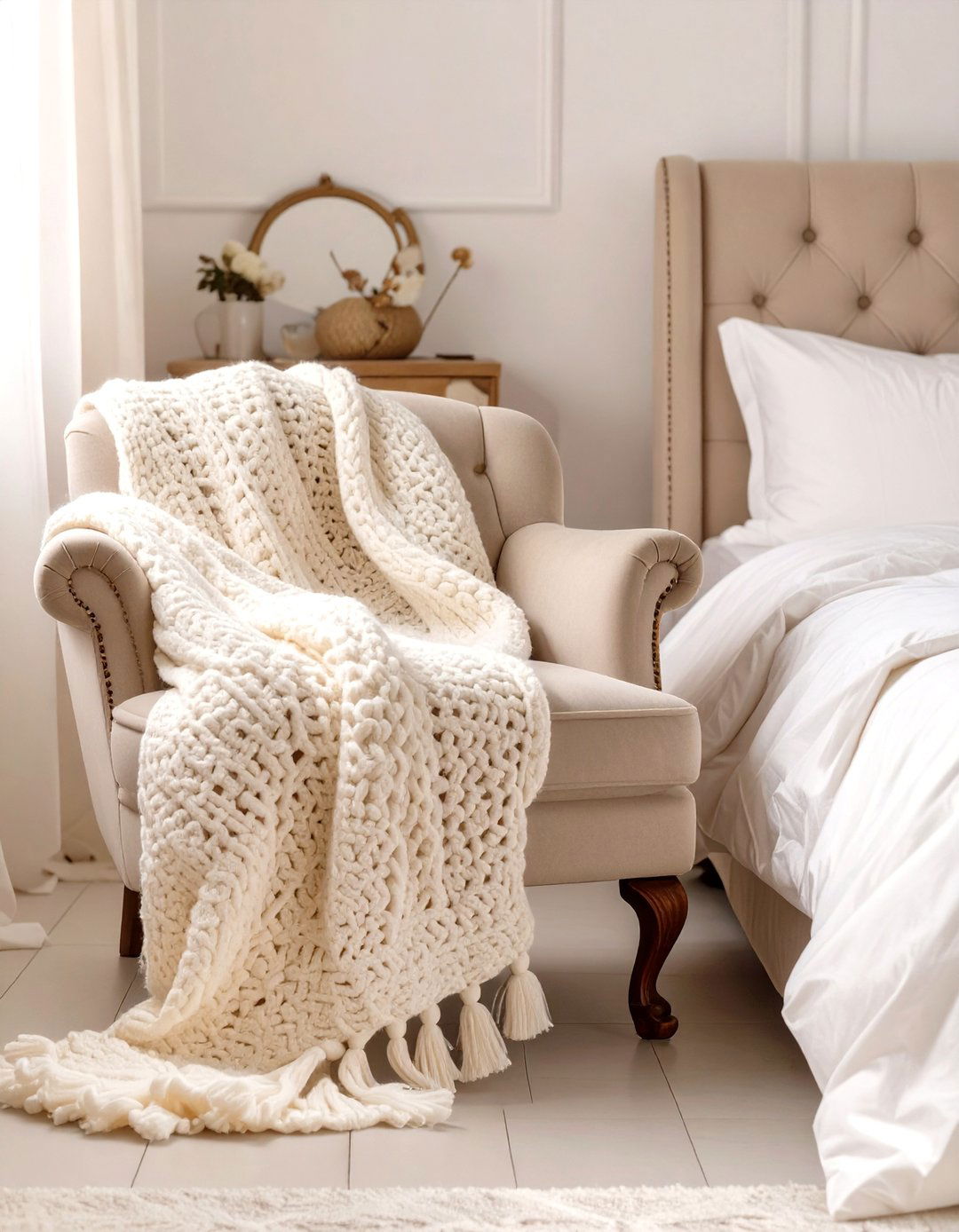 Firefly Create a high quality image with extra brightness of a white crocheted throw blan - 30 shabby chic bedroom ideas