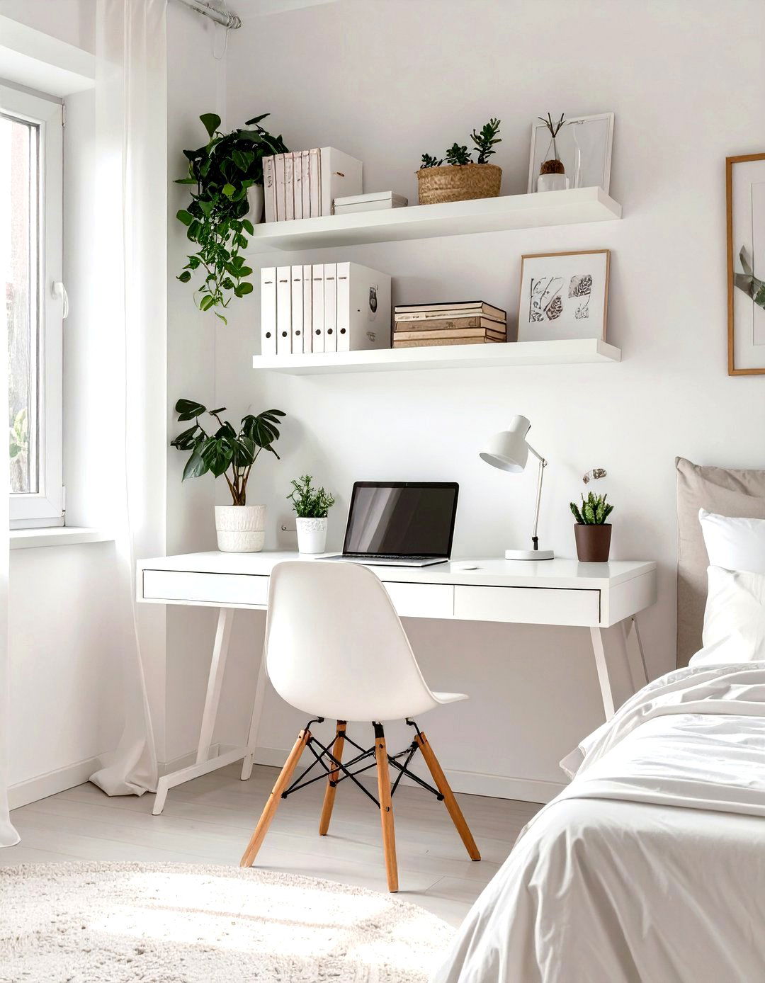 Firefly Create a high quality image with extra brightness of a white desk and matching fl - 30 small bedroom bedroom office ideas