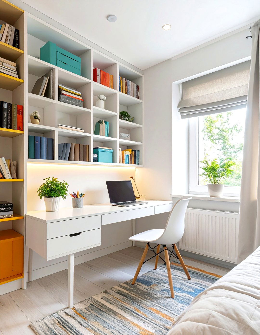 Firefly Create a high quality image with extra brightness of a white desk positioned perp - 30 small bedroom bedroom office ideas