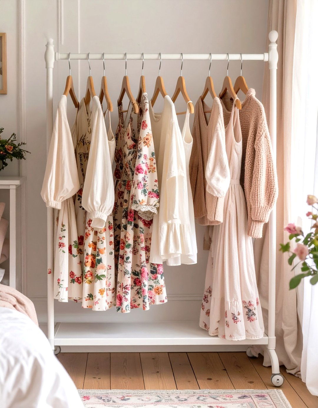 Firefly Create a high quality image with extra brightness of a white metal garment rack d - 30 shabby chic bedroom ideas