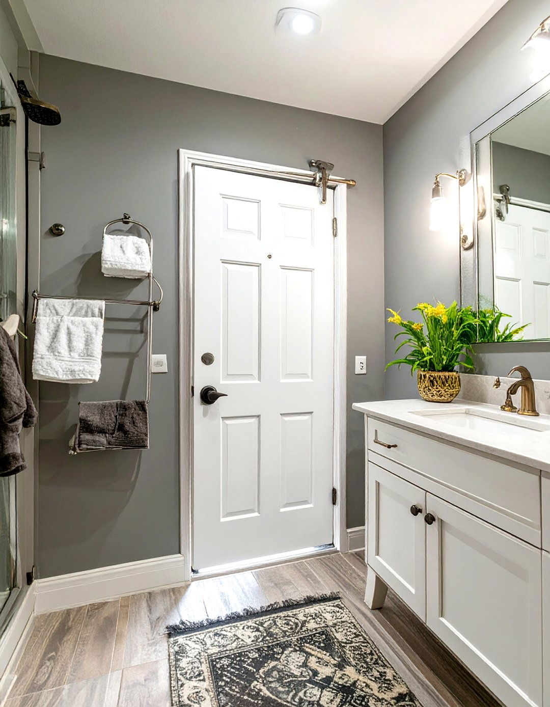 Firefly Create a high quality image with extra brightness of a white pocket door shown p - 30 small master bathroom ideas