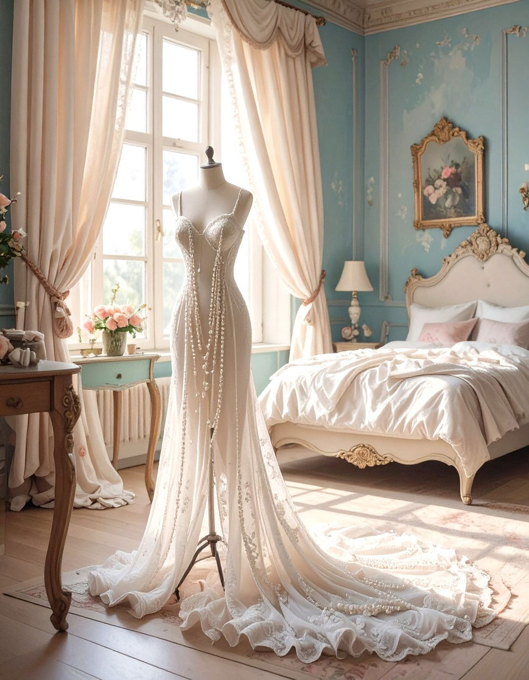 Firefly Create a high quality image with extra brightness of a white wire dress form stan - 30 shabby chic bedroom ideas