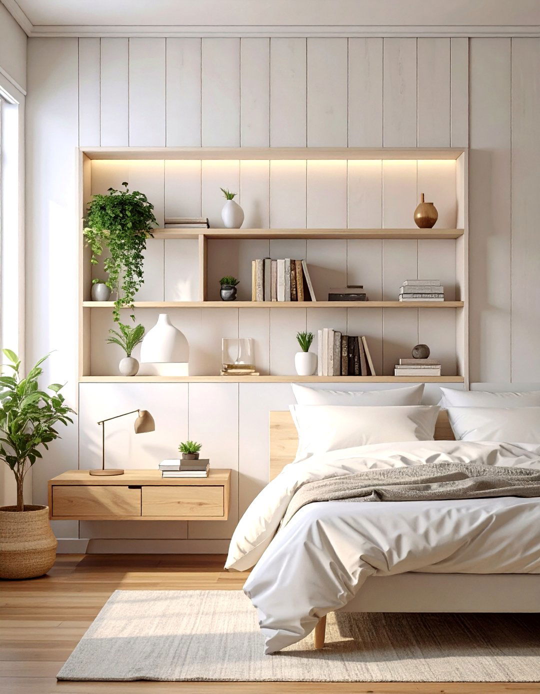 Firefly Create a high quality image with extra brightness of a white wooden headboard wit - 30 small bedroom storage ideas
