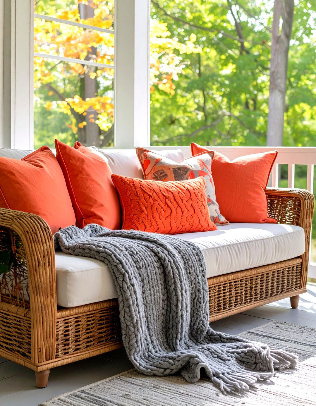 Firefly Create a high quality image with extra brightness of a wicker sofa adorned with v - 30 small screened in porch ideas