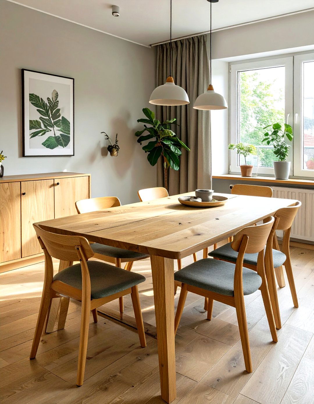 Firefly Create a high quality image with extra brightness of a wooden dining table shown - 30 small dining room decorating ideas