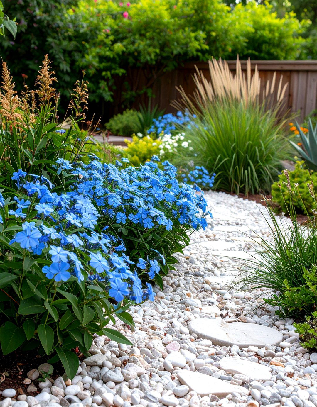Firefly Create a high quality image with extra brightness of a xeriscape garden featuring - 30 plumbago landscaping ideas