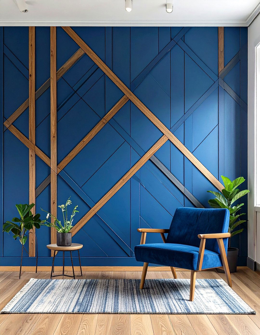 Firefly Create a high quality image with extra brightness of an asymmetrical geometric wo - 30 wood trim accent wall ideas