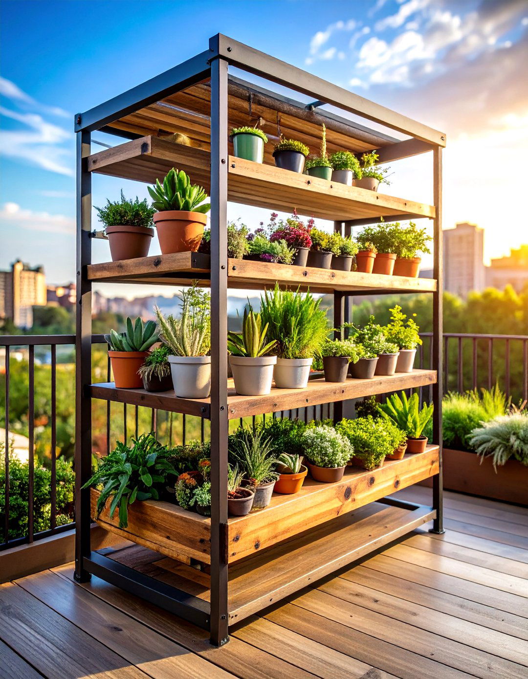 Firefly Create a high quality image with extra brightness of an industrial pipe and wood - 30 outdoor plant stand ideas