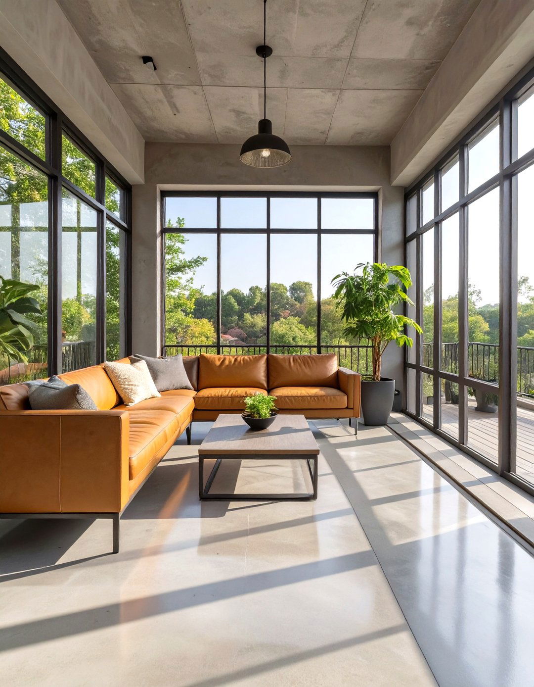 Firefly Create a high quality image with extra brightness of an industrial style sun porc - 30 sun porch ideas