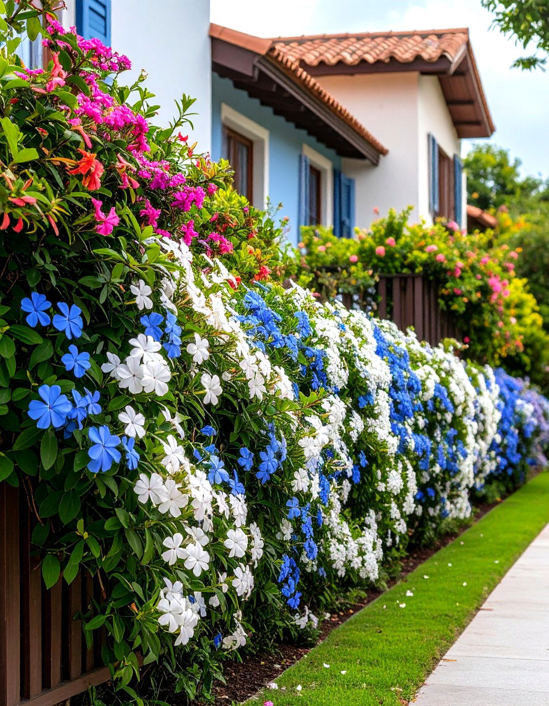 Firefly Create a high quality image with extra brightness of an informal hedge of plumbag - 30 plumbago landscaping ideas