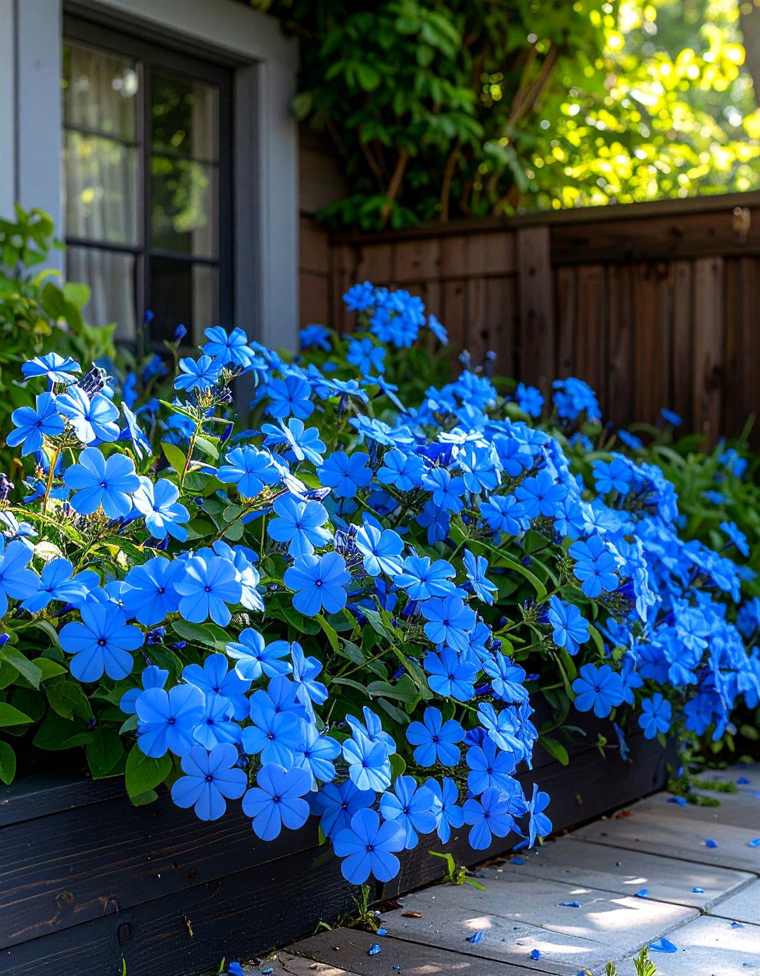 Firefly Create a high quality image with extra brightness of bright blue plumbago spillin - 30 plumbago landscaping ideas