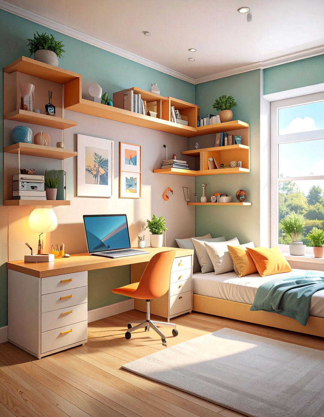 Firefly Create a high quality image with extra brightness of floating corner shelves at d - 30 small bedroom bedroom office ideas