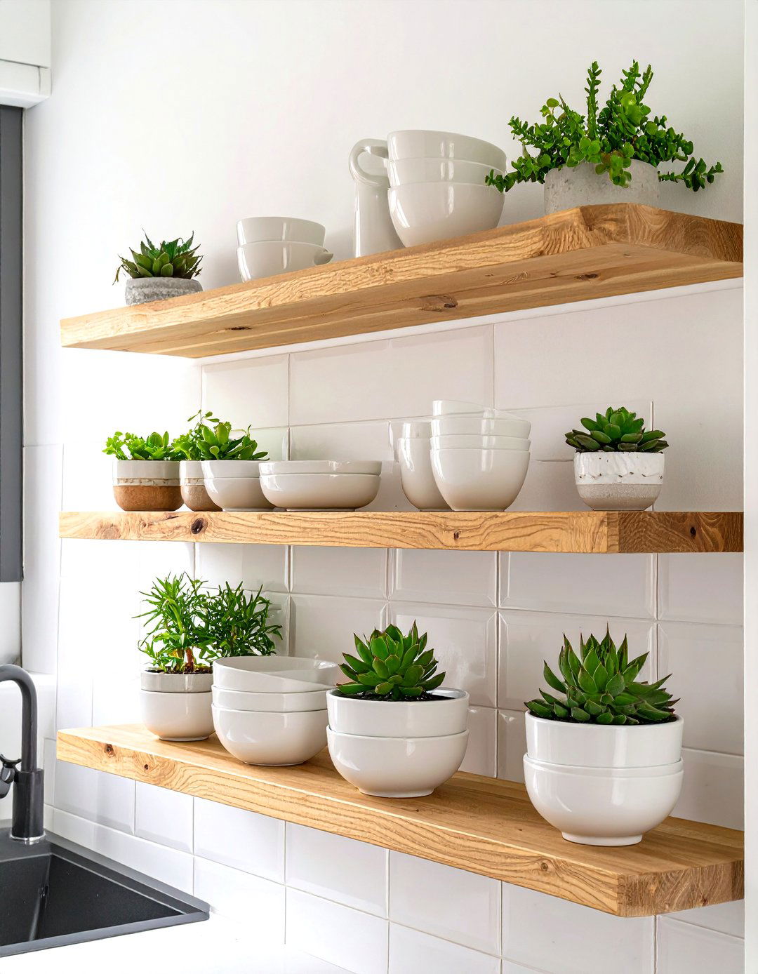 Firefly Create a high quality image with extra brightness of floating open shelving made - 30 small kitchen decor ideas